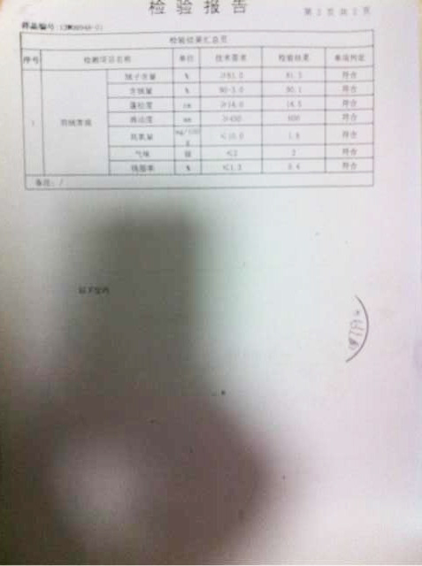 庐丰羽绒灰鸭绒检验报告